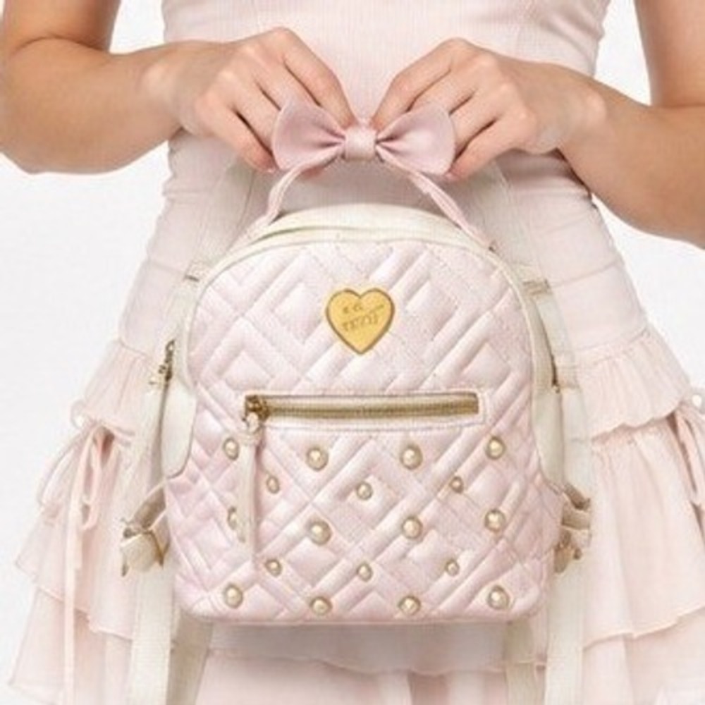 Betsey Johnson Quilted Pearl Bow Mini Backpack Pink Cream Studded Coquette Purse